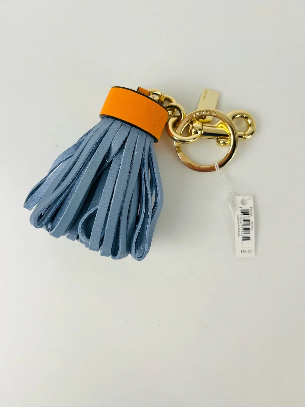 Coach Leather Tassel Bag Charm Keychain  F58505 Blue Orange Gold Hardware